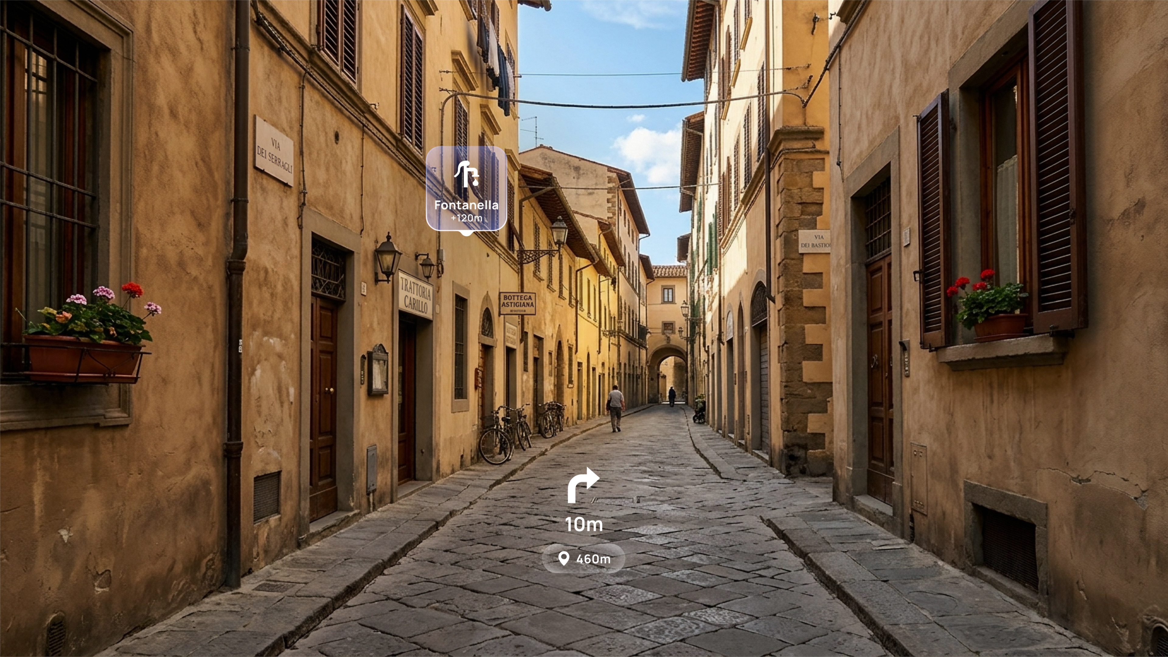 Pedestrian navigating a narrow street with AR annotations