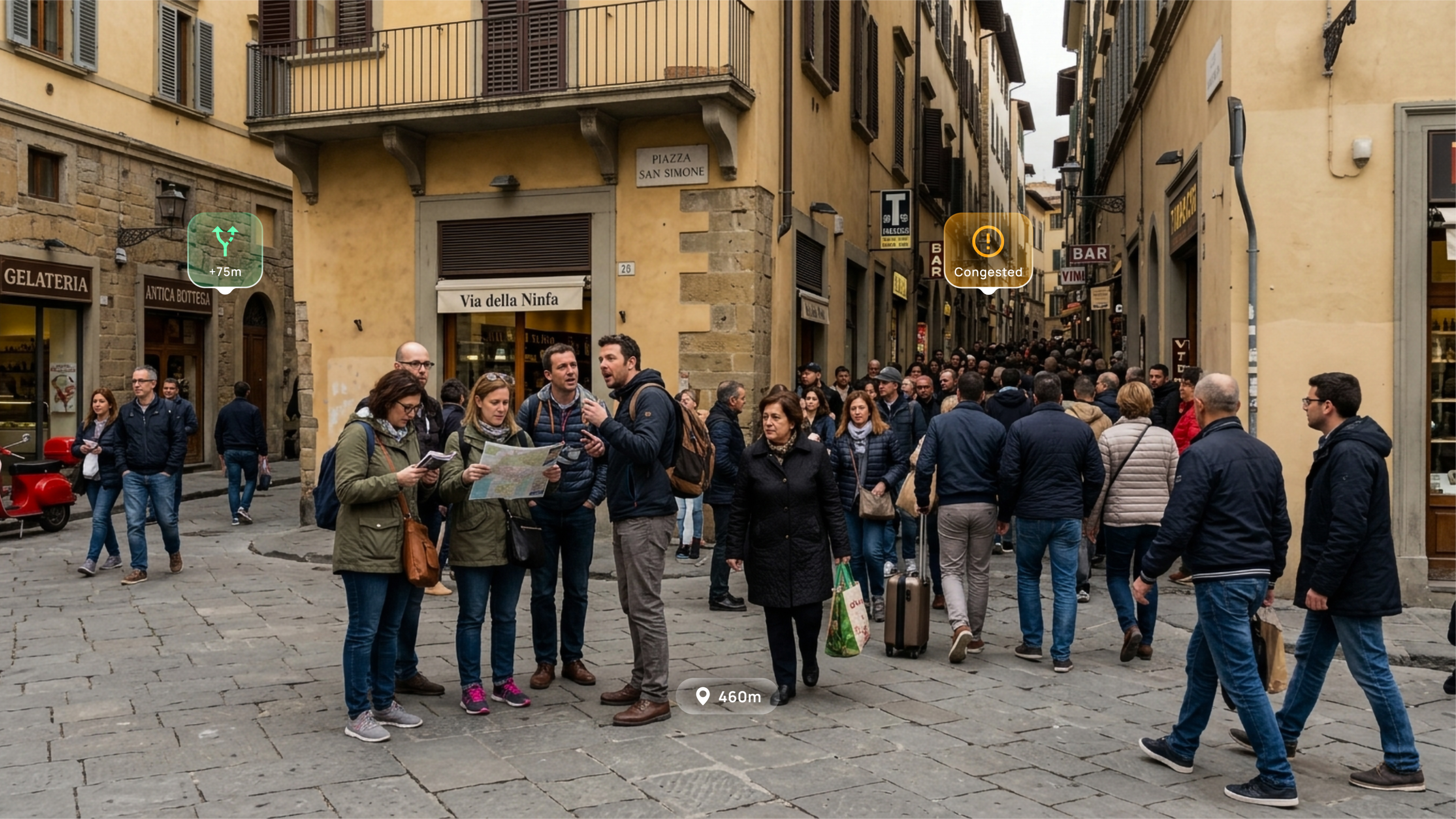 Crowded street with an alternate route suggested by AR annotations